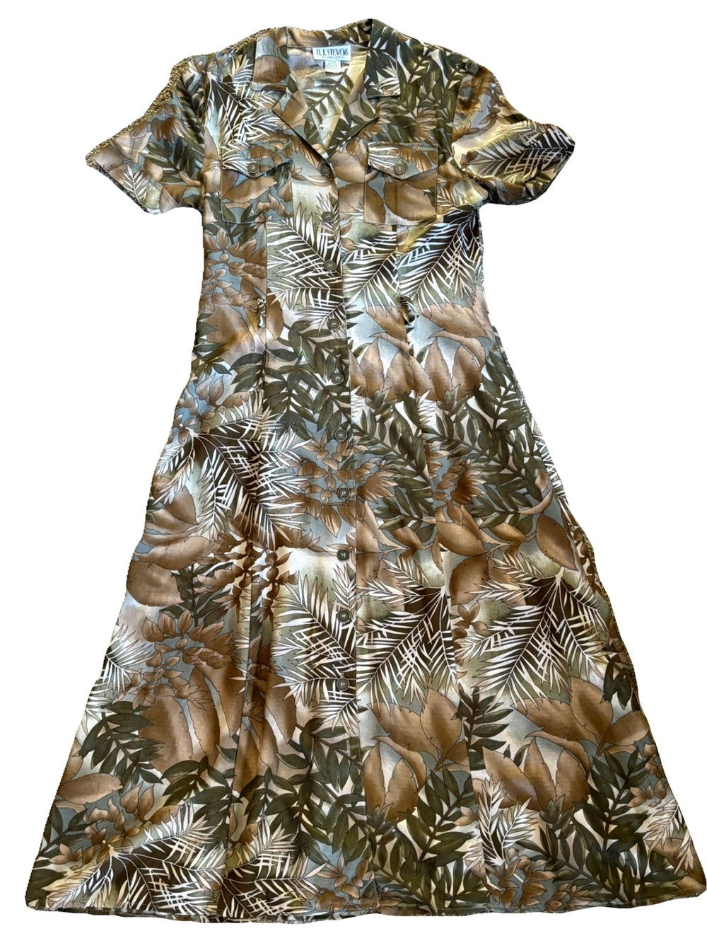 RJ Stevens Vintage Foliage Maxi Dress 14 Button Down Tropical Print Earth Tones